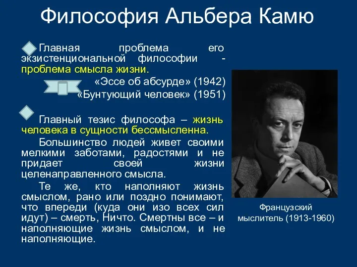 Философия Альбера Камю Главная проблема его экзистенциональной философии - проблема смысла