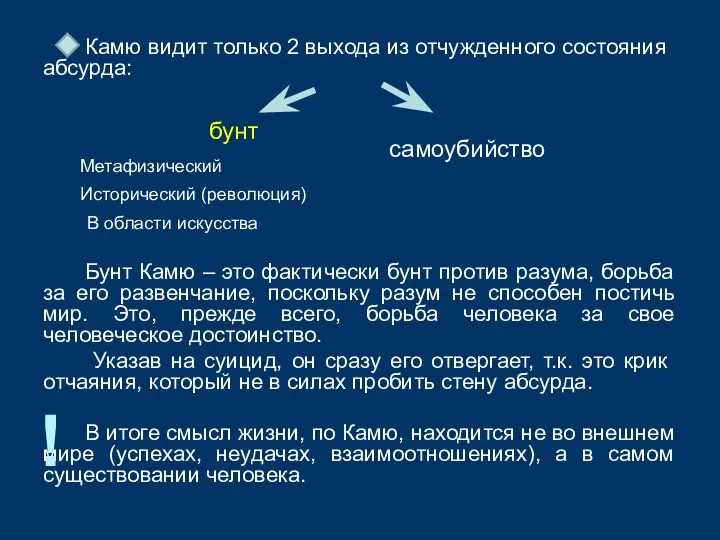 Камю видит только 2 выхода из отчужденного состояния абсурда: Бунт Камю