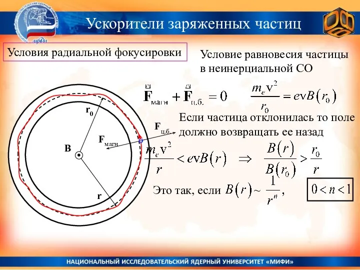 Условия радиальной фокусировки Условие равновесия частицы в неинерциальной СО Ускорители заряженных