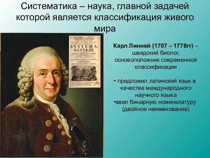 Систематика – наука, главной задачей которой является классификация живого мира Карл