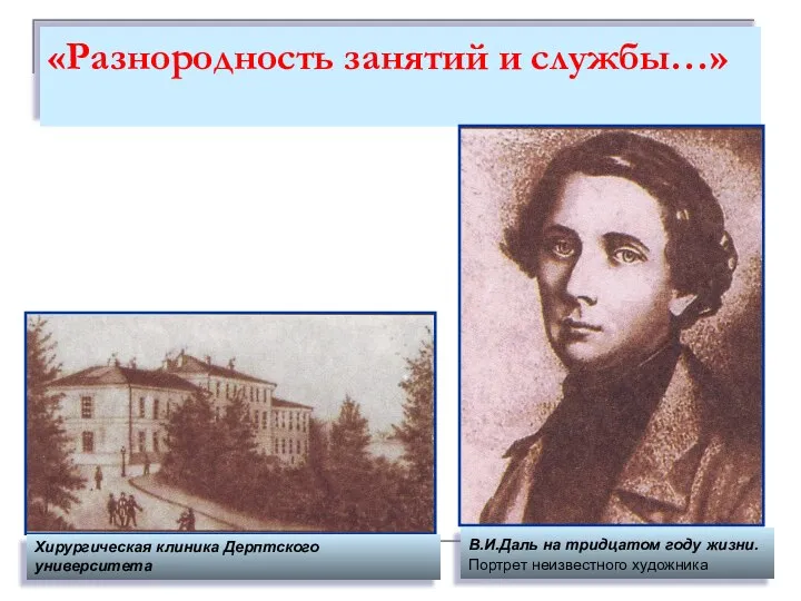 «Разнородность занятий и службы…» В.И.Даль на тридцатом году жизни. Портрет неизвестного художника Хирургическая клиника Дерптского университета