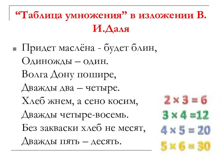 “Таблица умножения” в изложении В.И.Даля Придет маслёна - будет блин, Одиножды