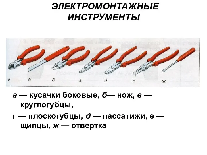 ЭЛЕКТРОМОНТАЖНЫЕ ИНСТРУМЕНТЫ а — кусачки боковые, б— нож, в — круглогубцы,