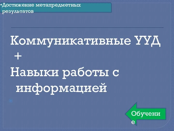 Коммуникативные УУД + Навыки работы с информацией Достижение метапредметных результатов