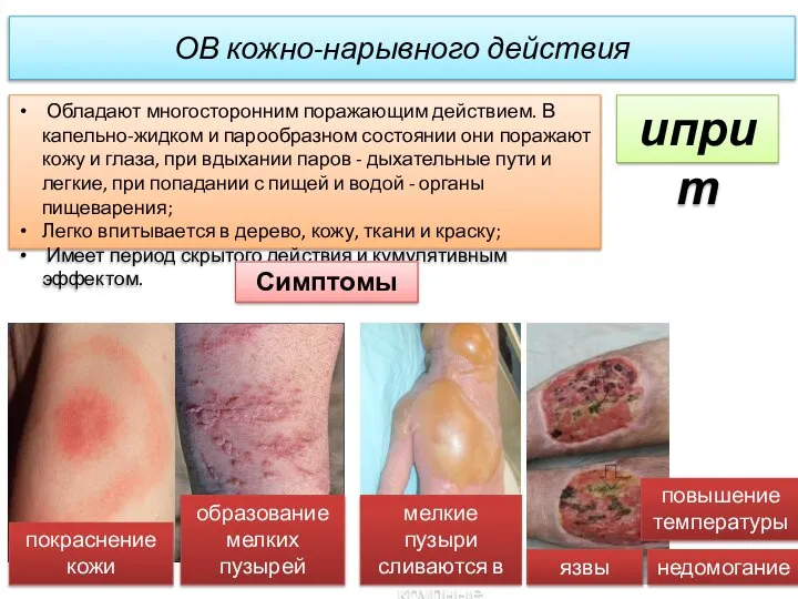 Обладают многосторонним поражающим действием. В капельно-жидком и парообразном состоянии они поражают