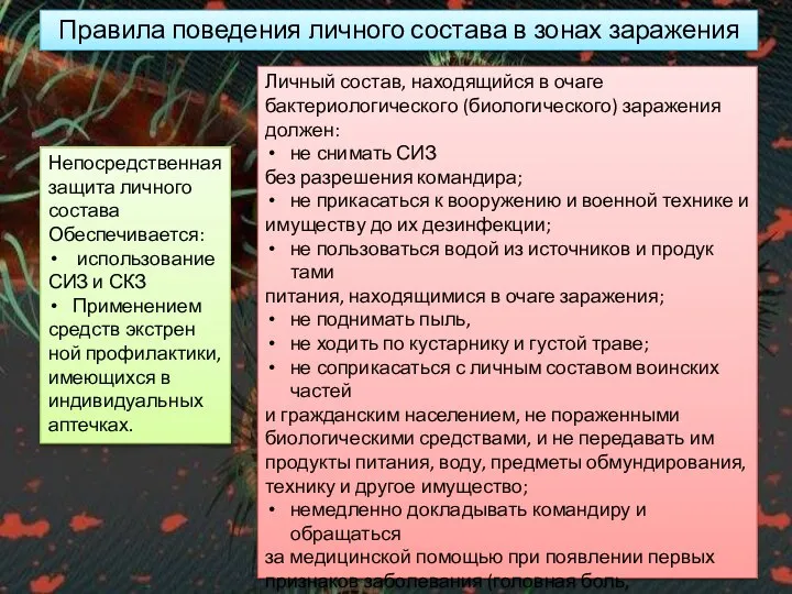 Правила поведения личного состава в зонах заражения Непосредственная защита личного состава