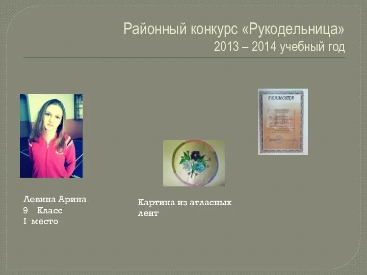 Районный конкурс «Рукодельница» 2013 – 2014 учебный год Левина Арина Класс