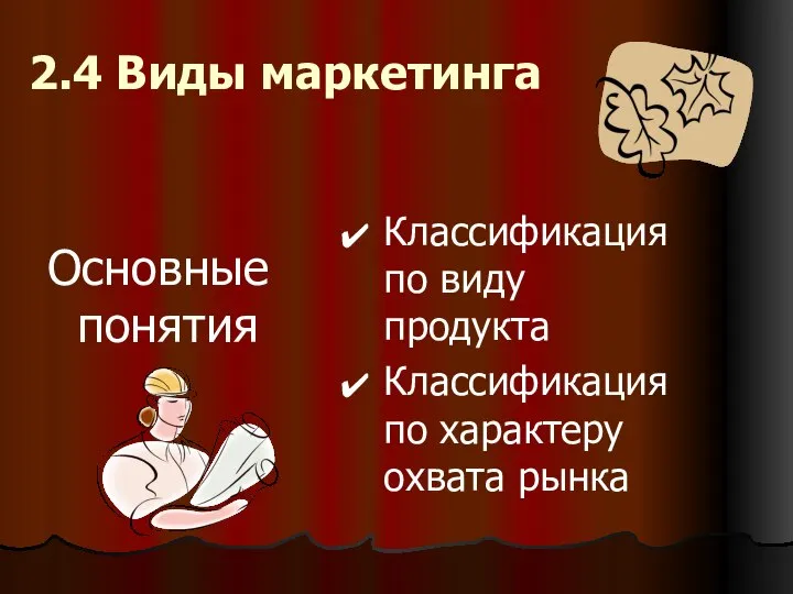 2.4 Виды маркетинга Основные понятия Классификация по виду продукта Классификация по характеру охвата рынка