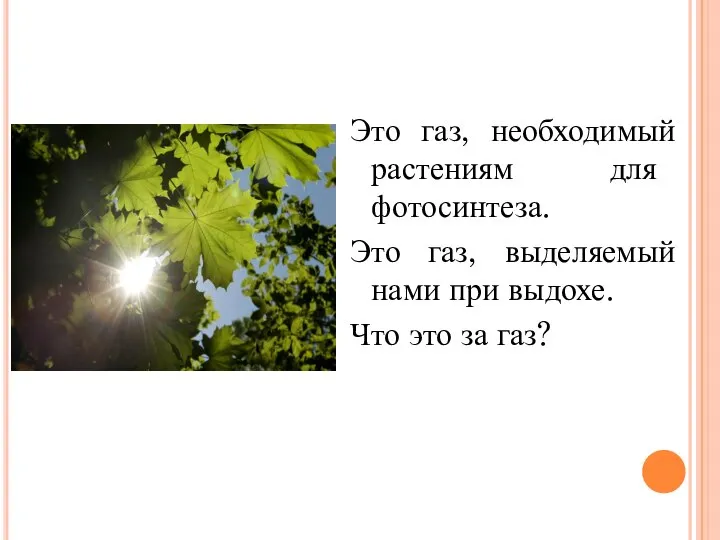 Это газ, необходимый растениям для фотосинтеза. Это газ, выделяемый нами при выдохе. Что это за газ?