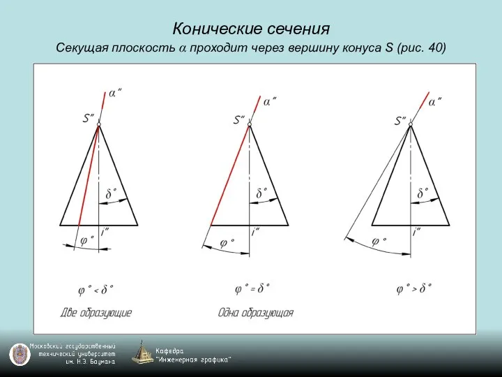 Конические сечения Секущая плоскость α проходит через вершину конуса S (рис. 40)