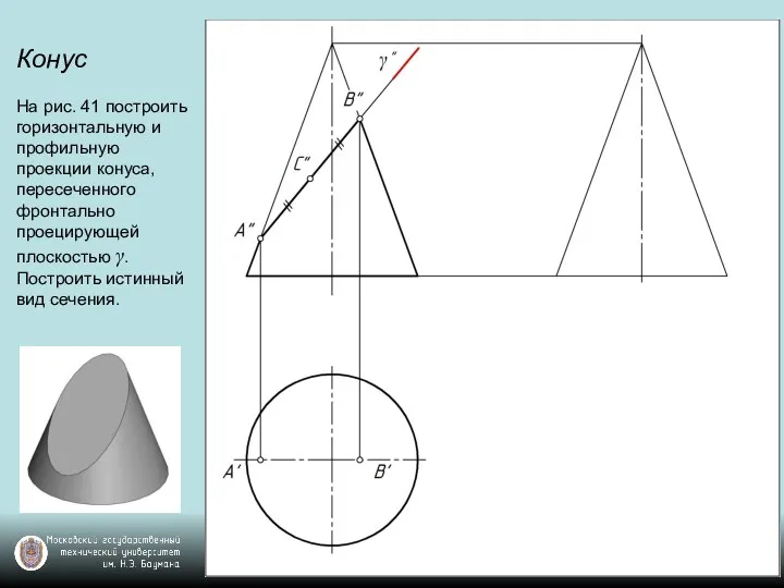 Конус На рис. 41 построить горизонтальную и профильную проекции конуса, пересеченного