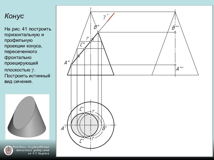 Конус На рис. 41 построить горизонтальную и профильную проекции конуса, пересеченного