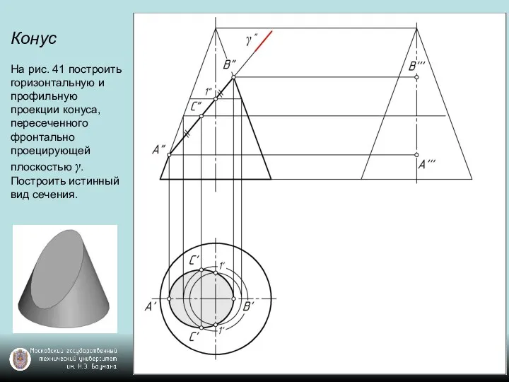 Конус На рис. 41 построить горизонтальную и профильную проекции конуса, пересеченного