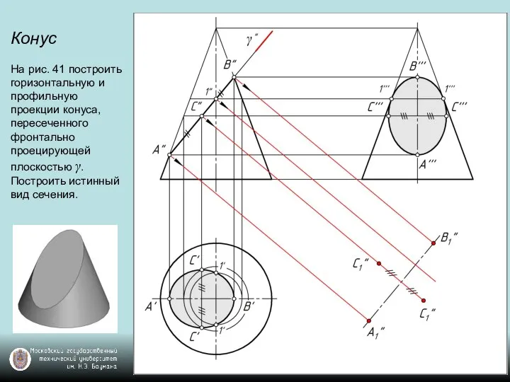 Конус На рис. 41 построить горизонтальную и профильную проекции конуса, пересеченного