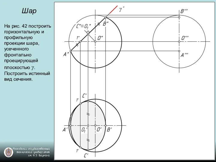 Шар На рис. 42 построить горизонтальную и профильную проекции шара, усеченного