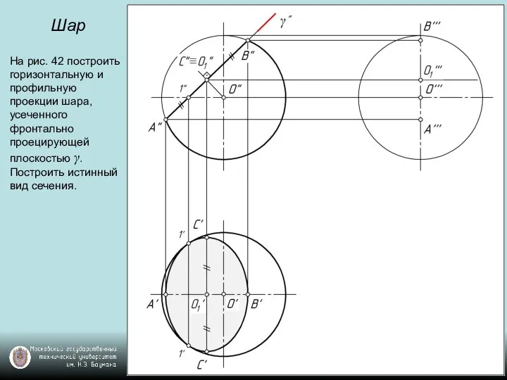 Шар На рис. 42 построить горизонтальную и профильную проекции шара, усеченного