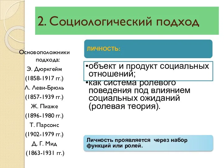 2. Социологический подход Основоположники подхода: Э. Дюркгейм (1858-1917 гг.) Л. Леви-Брюль