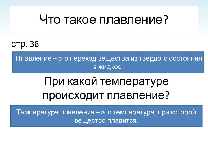 Что такое плавление? стр. 38 Плавление – это переход вещества из