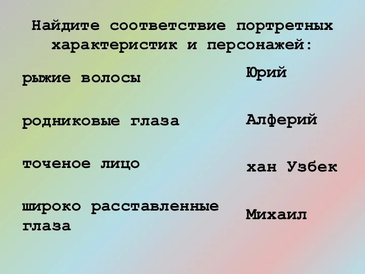 Найдите соответствие портретных характеристик и персонажей: рыжие волосы родниковые глаза точеное