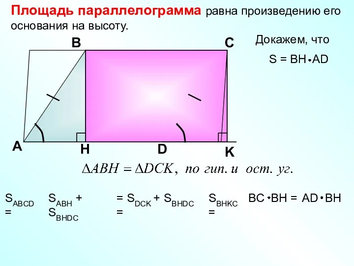 Площадь параллелограмма равна произведению его основания на высоту. Докажем, что А