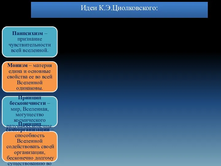 Идеи К.Э.Циолковского: Панпсихизм – признание чувствительности всей вселенной. Монизм – материя