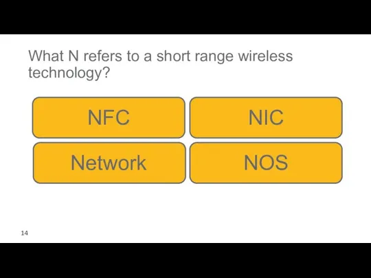 What N refers to a short range wireless technology? NIC NFC Network NOS 14