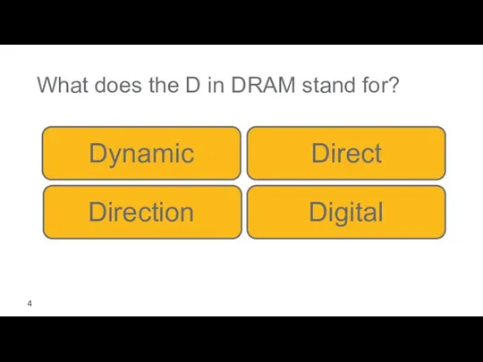 What does the D in DRAM stand for? Direct Dynamic Direction Digital 4