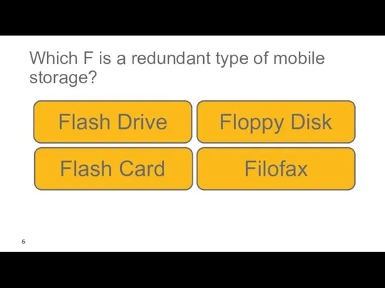 Which F is a redundant type of mobile storage? Floppy Disk