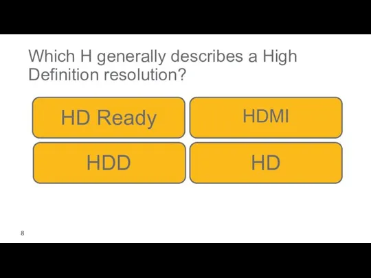 Which H generally describes a High Definition resolution? HDMI HD Ready HDD HD 8