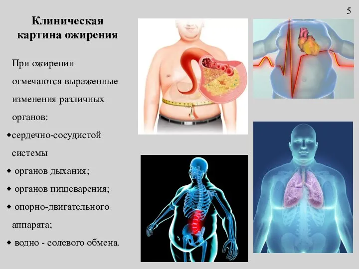 При ожирении отмечаются выраженные изменения различных органов: сердечно-сосудистой системы органов дыхания;