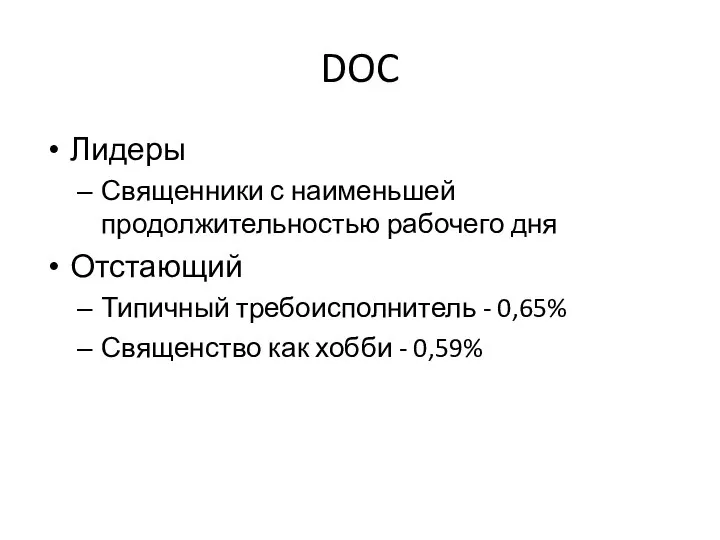 DOC Лидеры Священники с наименьшей продолжительностью рабочего дня Отстающий Типичный требоисполнитель