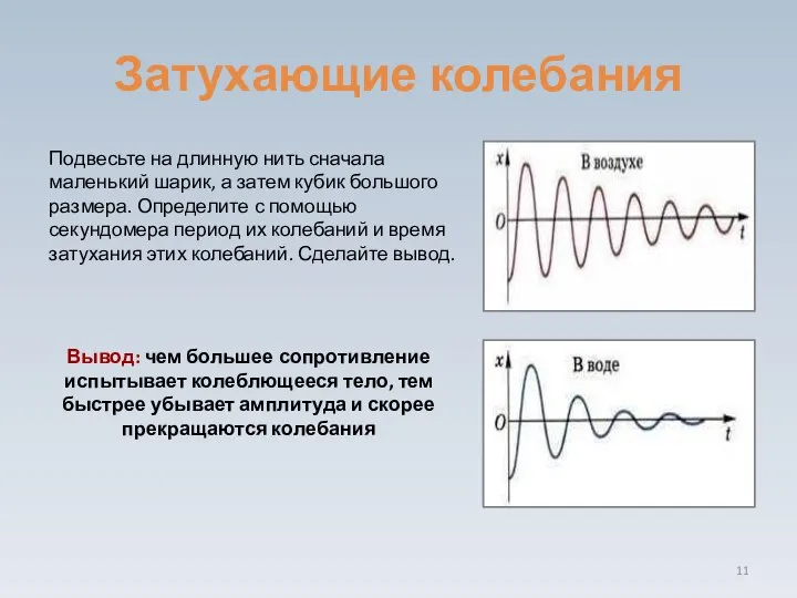 Затухающие колебания Подвесьте на длинную нить сначала маленький шарик, а затем