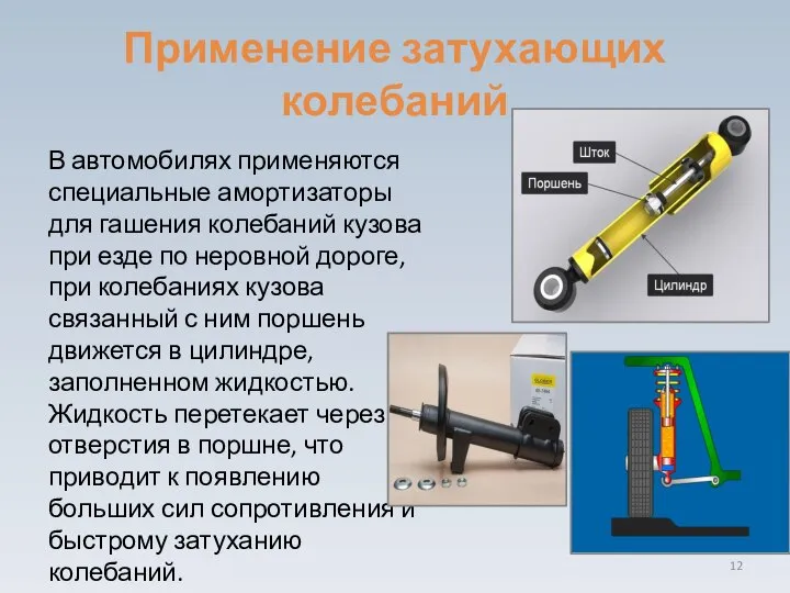 Применение затухающих колебаний В автомобилях применяются специальные амортизаторы для гашения колебаний