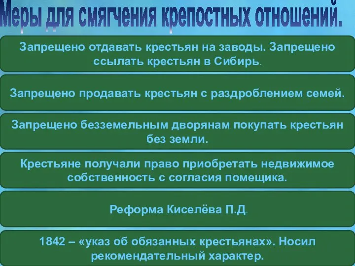 Меры для смягчения крепостных отношений. Запрещено отдавать крестьян на заводы. Запрещено