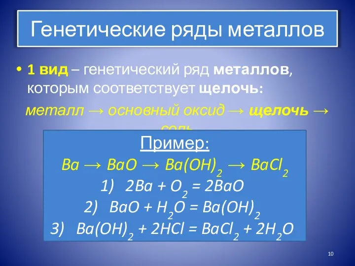 Генетические ряды металлов 1 вид – генетический ряд металлов, которым соответствует