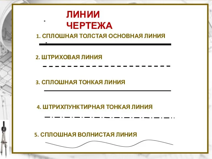 ЛИНИИ ЧЕРТЕЖА 2. ШТРИХОВАЯ ЛИНИЯ 3. СПЛОШНАЯ ТОНКАЯ ЛИНИЯ 4. ШТРИХПУНКТИРНАЯ