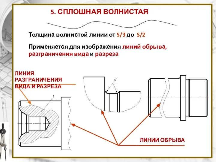 5. СПЛОШНАЯ ВОЛНИСТАЯ ЛИНИЯ Толщина волнистой линии от S/3 до S/2