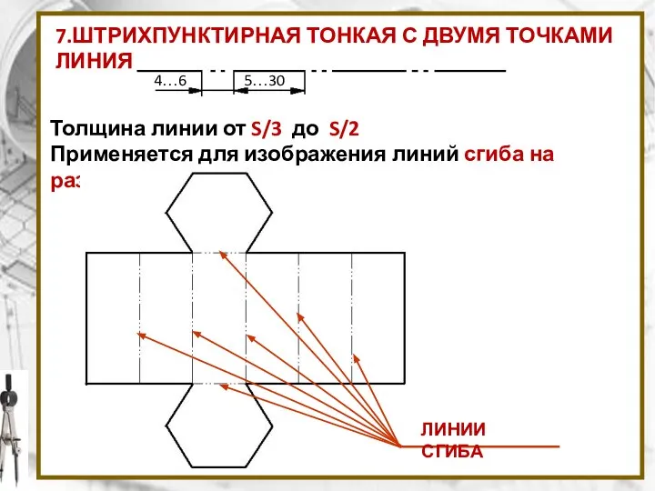 7.ШТРИХПУНКТИРНАЯ ТОНКАЯ С ДВУМЯ ТОЧКАМИ ЛИНИЯ Толщина линии от S/3 до