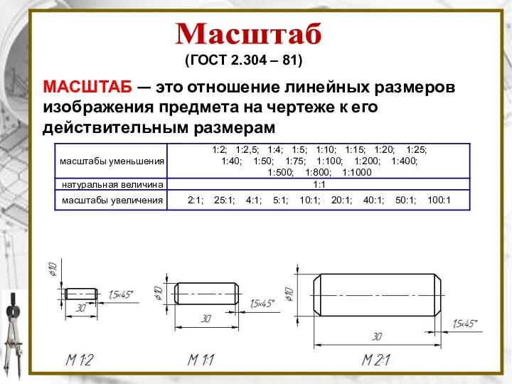 Масштаб (ГОСТ 2.304 – 81) МАСШТАБ — это отношение линейных размеров