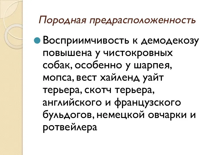 Породная предрасположенность Восприимчивость к демодекозу повышена у чистокровных собак, особенно у