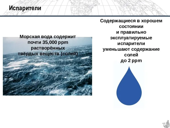 Испарители Содержащиеся в хорошем состоянии и правильно эксплуатируемые испарители уменьшают содержание солей до 2 ppm