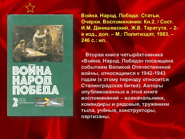 Война. Народ. Победа: Статьи. Очерки. Воспоминания: Кн.2. / Сост. И.М. Данишевский,