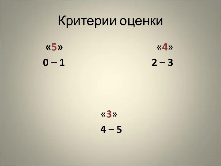 Критерии оценки «5» 0 – 1 «3» 4 – 5 «4» 2 – 3