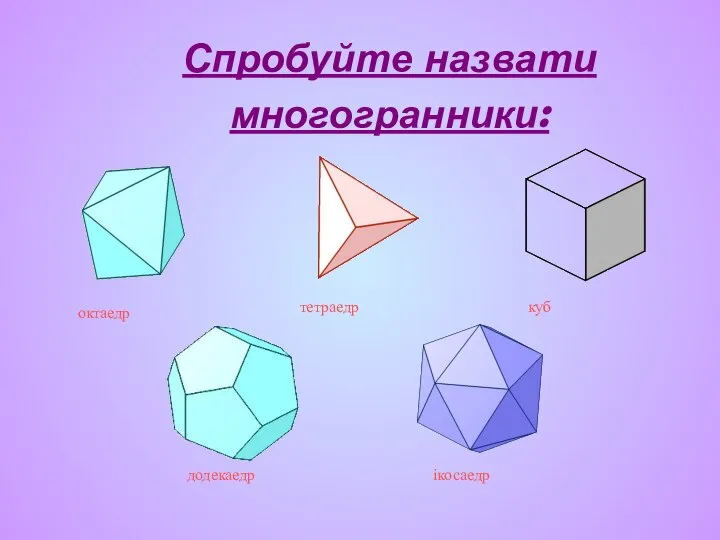 Спробуйте назвати многогранники: тетраедр куб октаедр додекаедр ікосаедр