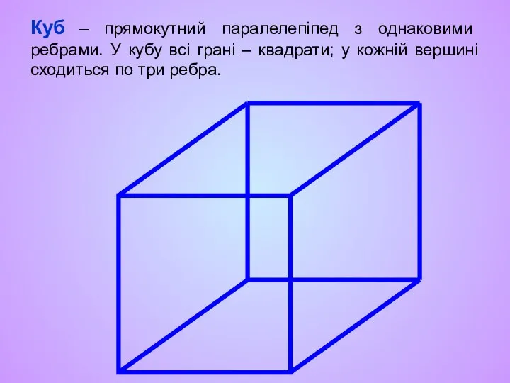 Куб – прямокутний паралелепіпед з однаковими ребрами. У кубу всі грані