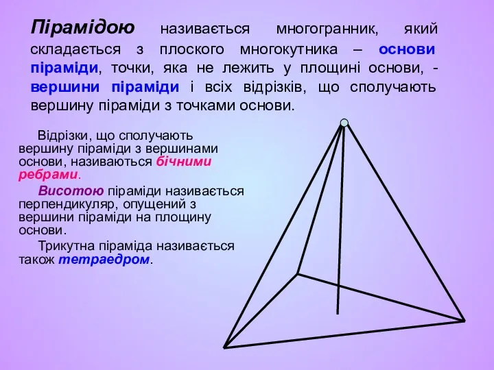 Пірамідою називається многогранник, який складається з плоского многокутника – основи піраміди,