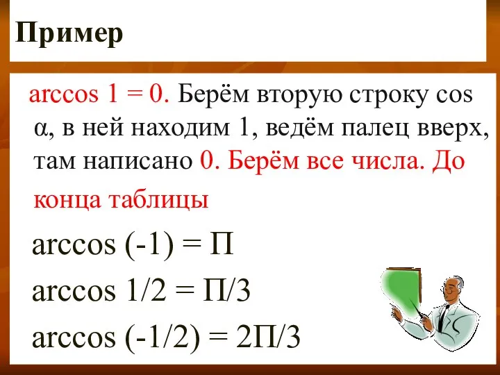 Пример аrccоs 1 = 0. Берём вторую строку соs α, в
