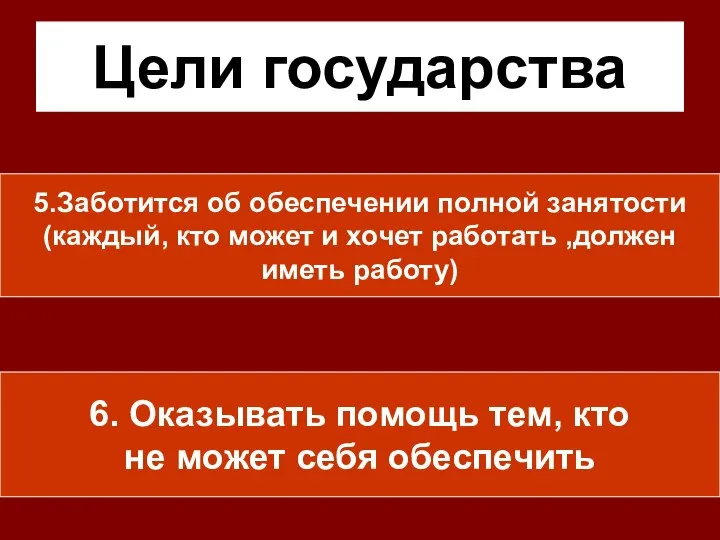 Цели государства 5.Заботится об обеспечении полной занятости (каждый, кто может и