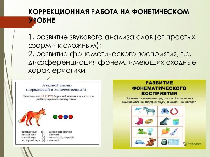 КОРРЕКЦИОННАЯ РАБОТА НА ФОНЕТИЧЕСКОМ УРОВНЕ 1. развитие звукового анализа слов (от