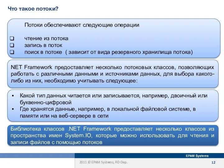 Что такое потоки? Потоки обеспечивают следующие операции чтение из потока запись